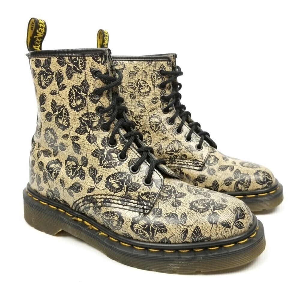 RARE Dr. Martens 1460 Vintage MIE England Black Rose Tan Leather Combat Boots 7